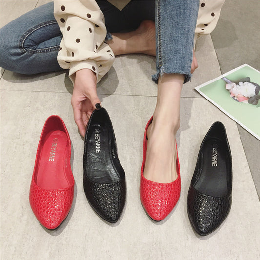 Patent Leather Feel Embossed Snake Print Flats