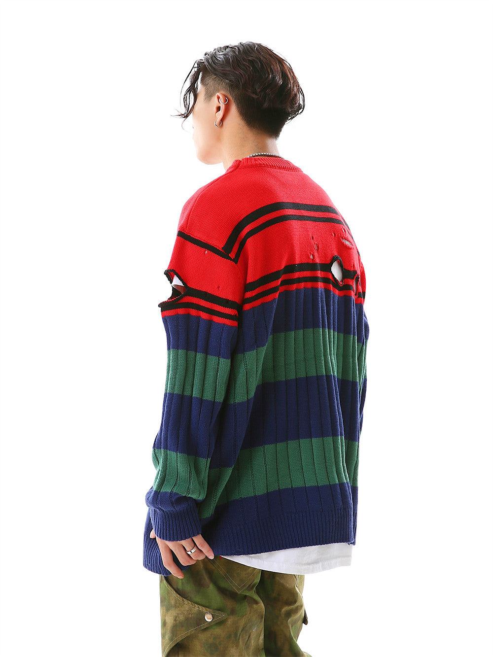 Edgy Elegance: Men's Crochet Ripped Knitted Long Sleeve Sweater
